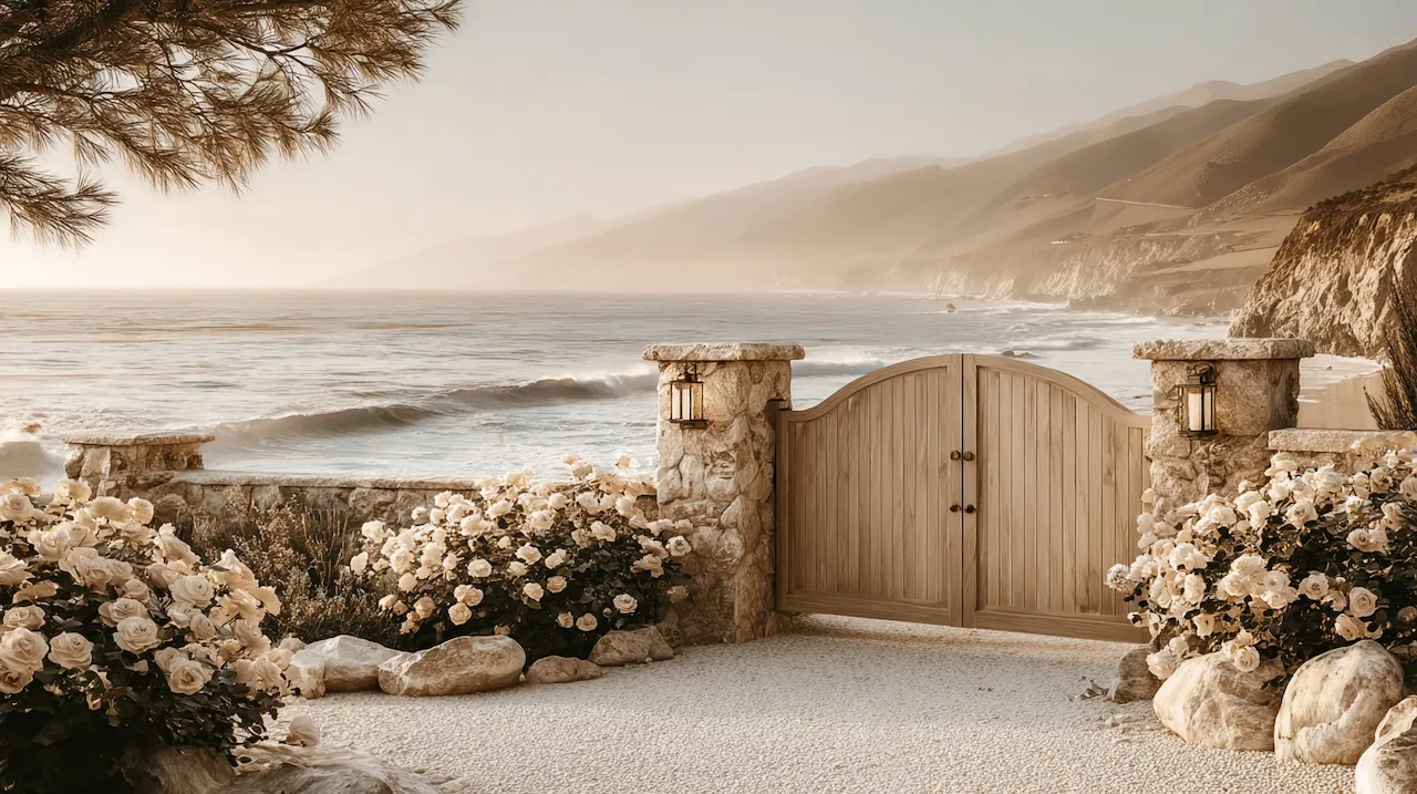 A wooden gate framed by stone columns and white roses opens onto a misty Pacific coastline at dawn.