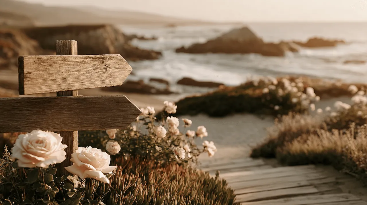 Shoreline with a stone path and white roses.